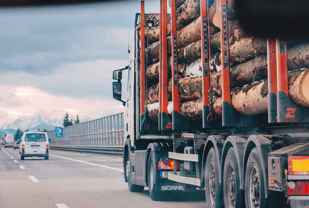 Lkw transportiert große Baumstämme auf einer Autobahn mit Bergen im Hintergrund